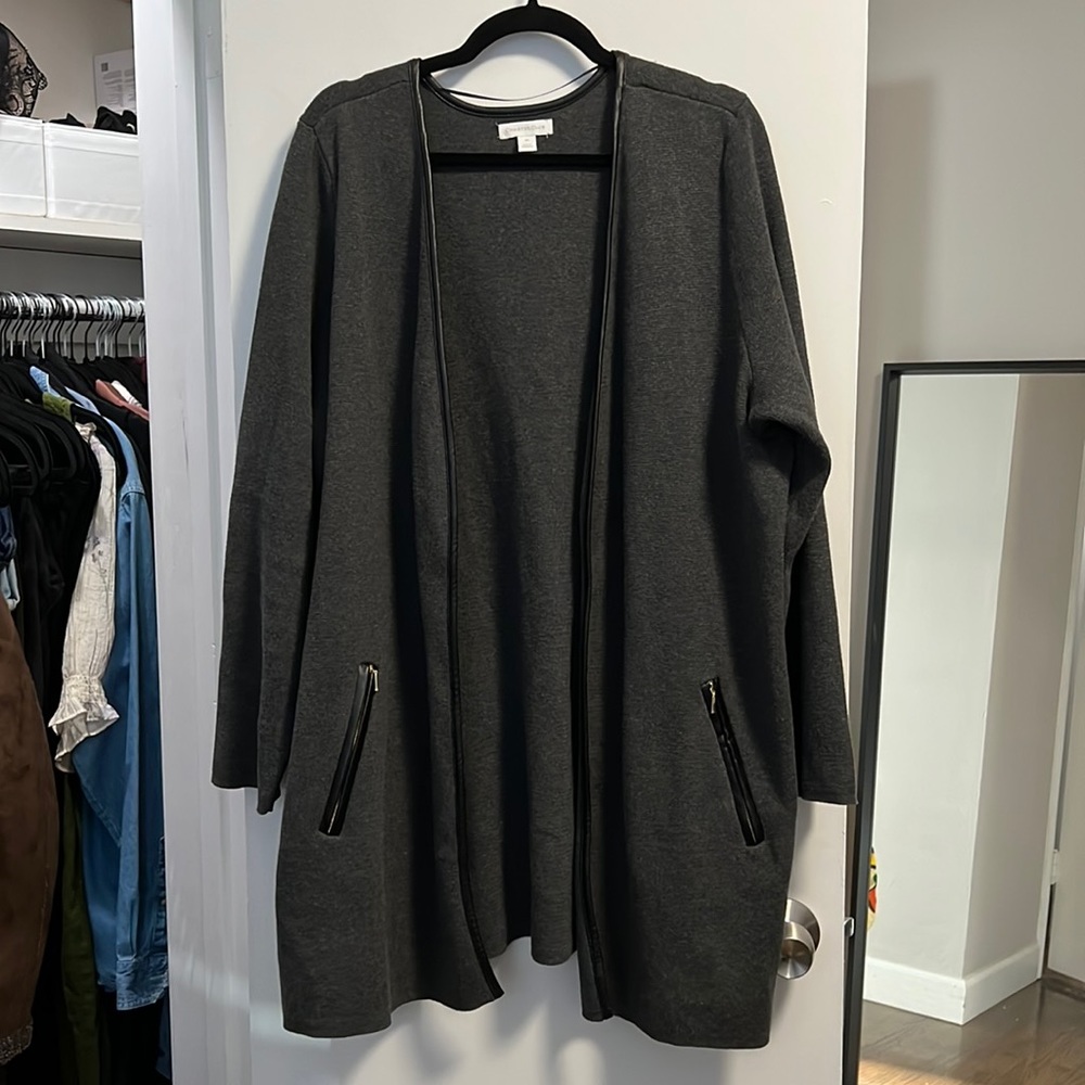 Long grey cardigan with gold pocket zipper and leather looking trim